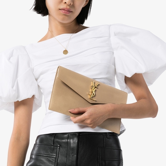 Like New!!! YSL Saint Laurent Uptown Pouch Grain De Poudre Clutch Dark Beige - Picture 4 of 16